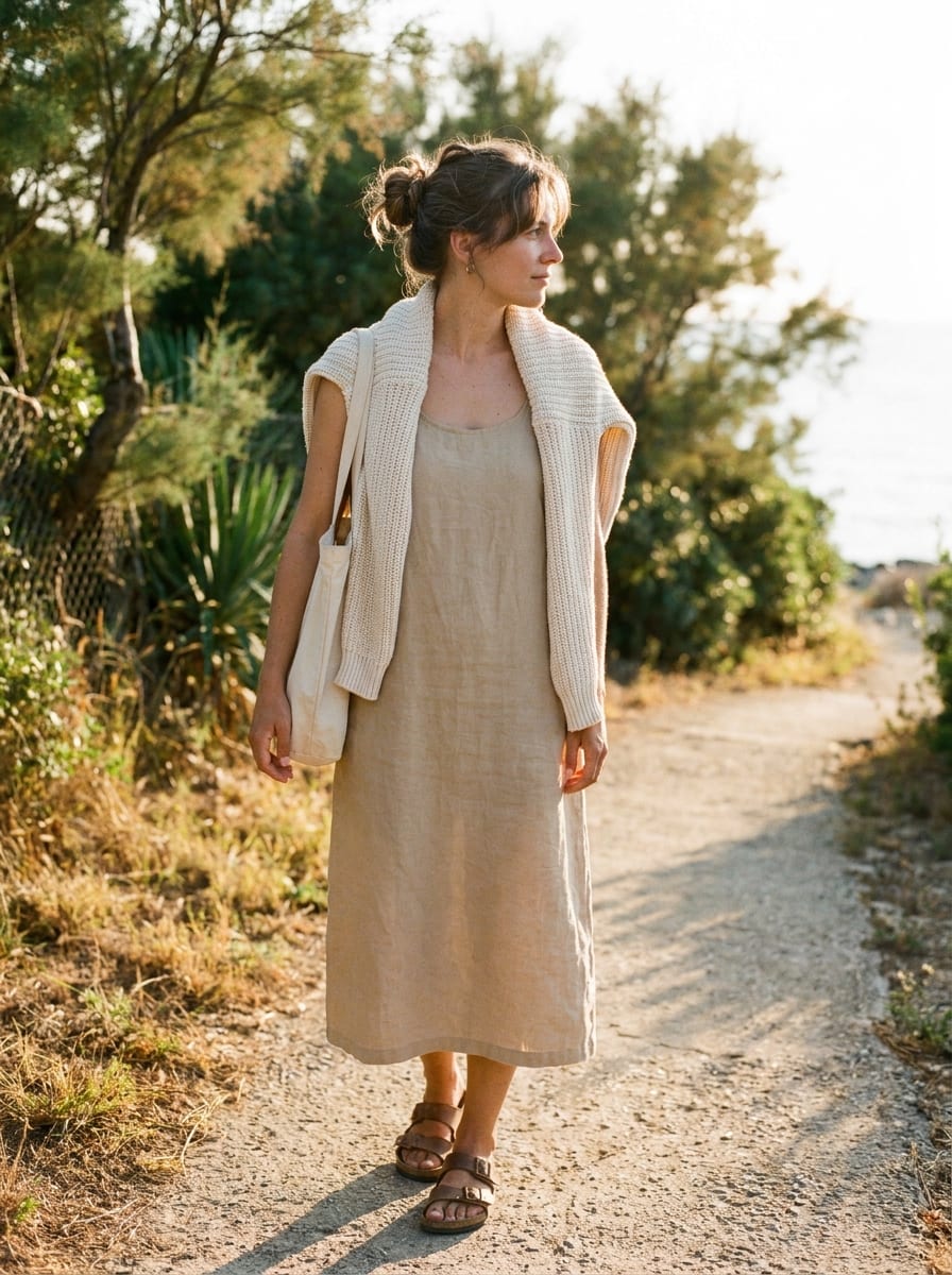 Sommerkleid mit leichtem Strickpullover - Spätsommer Outfit